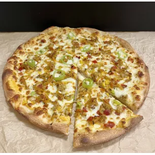 Pizza New mexico 30cm (cheddar sajszósz alap, mexicoi zöldséges húsragu, sajt, erős paprika)